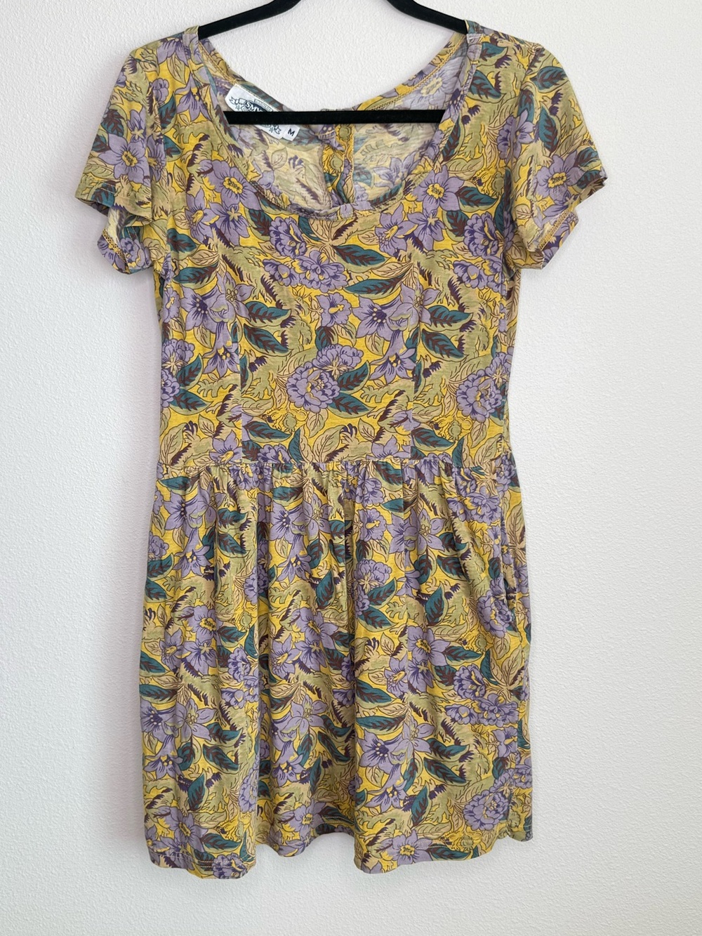 VTG Smythe and Co Dress T Shirt Yellow Purple floral Short Cotton Button up Back
